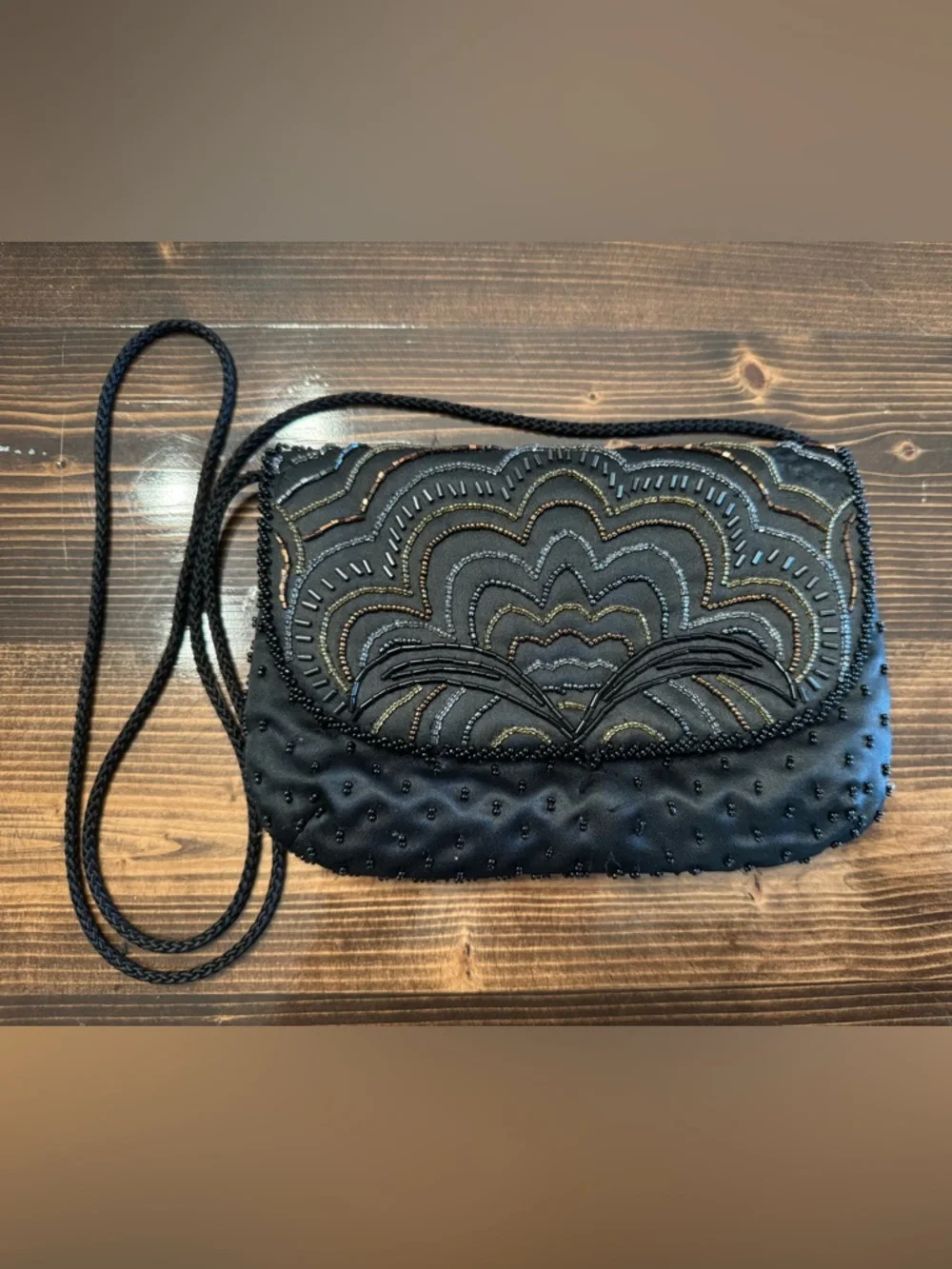 Vintage Gatsby Style Black Evening Bag with Black and Copper‎ Beading